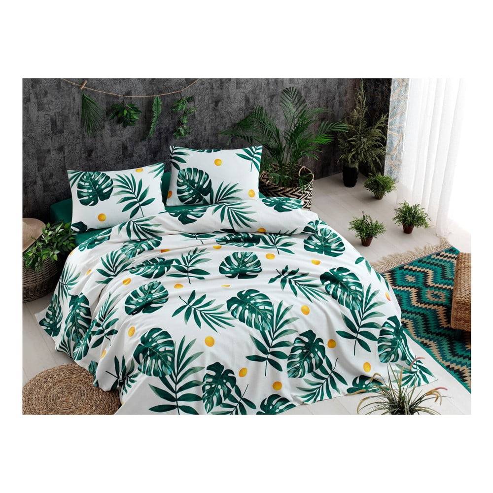 Bonami Set bavlneného plédu cez posteľ, plachta a 2 obliečky na vankúš Monstera Green, 200 x 235 cm